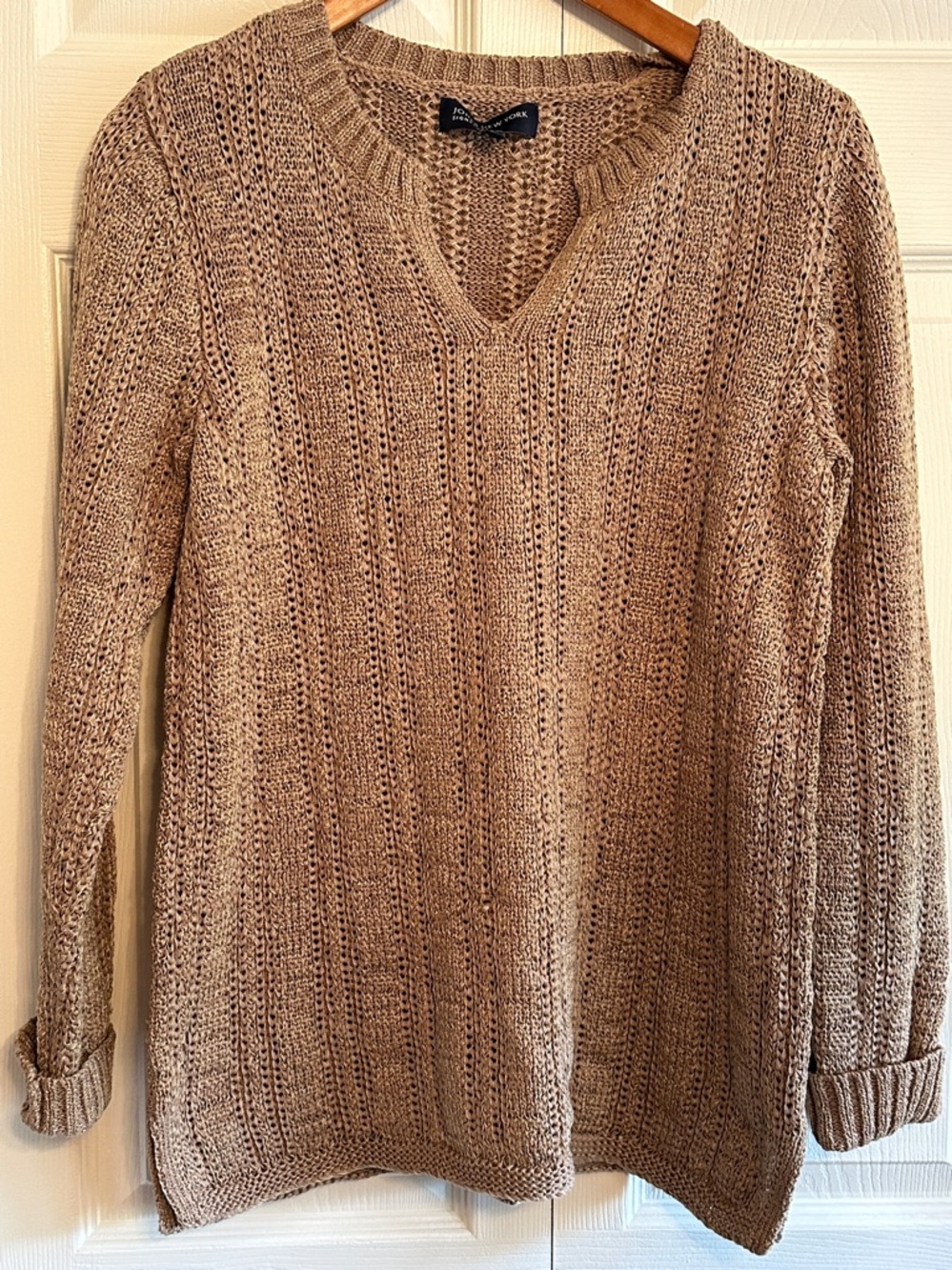 Jones New York  Tan Open-Notch V-Neck Cable-Knit Sweater